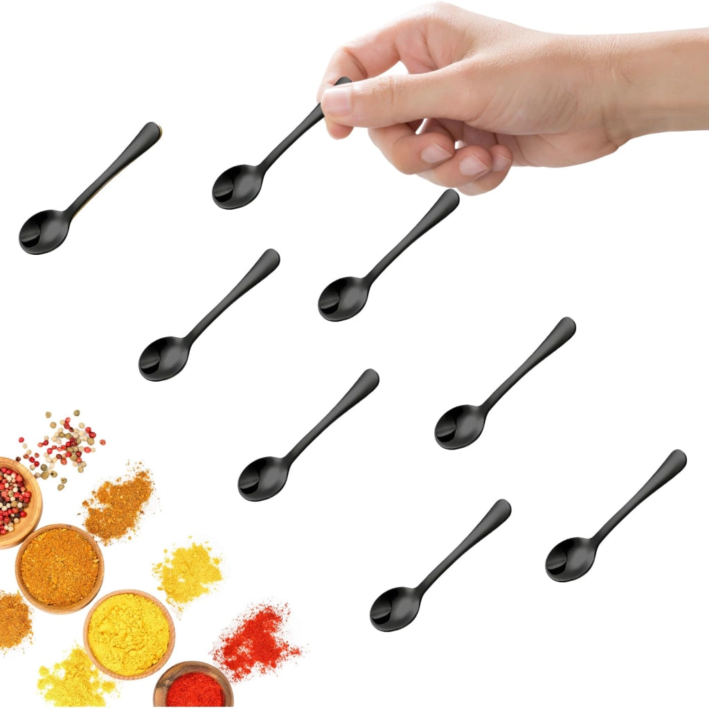 Set di 8 cucchiaini in acciaio inossidabile, lunghezza 7,5 cm, per spezie, colore nero