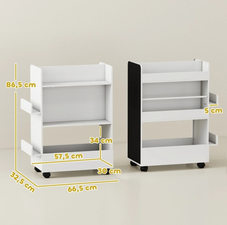 Libreria per bambini 66,5x32,5x86,5 cm in MDF bianco con lavagna e ruote