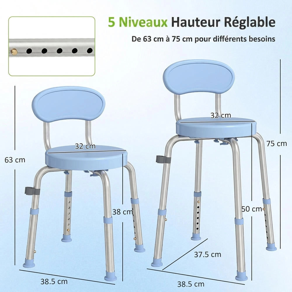 Sgabello da doccia girevole 360° con schienale e altezza regolabile 5 livelli sedile in alluminio blu
