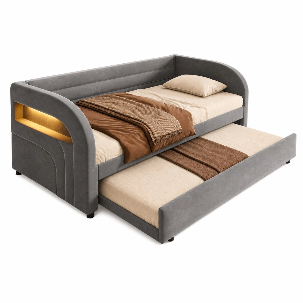 Letto singolo 90x200 cm con letto estraibile e LED; in flanella e MDF; grigio