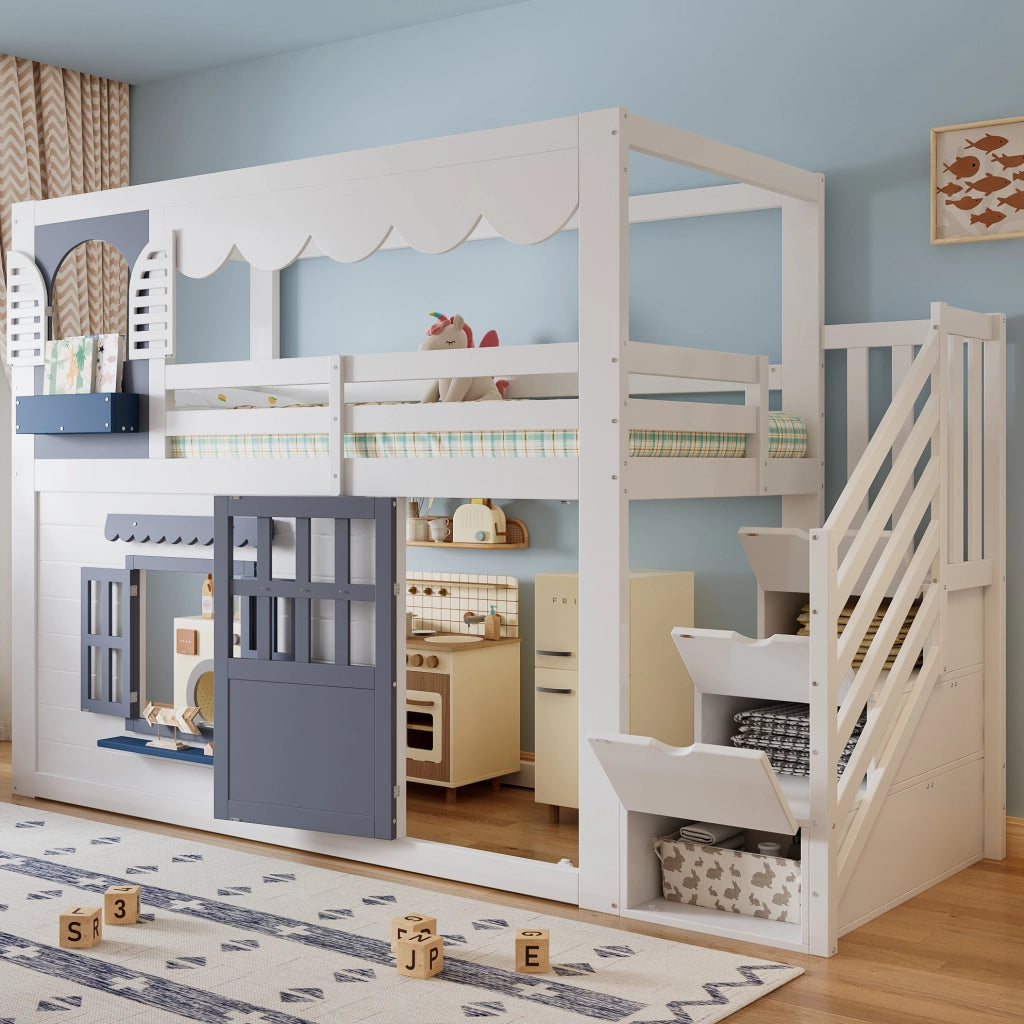 Letto rialzato per bambini 90x200 cm a casetta bianco e blu con scala contenitore