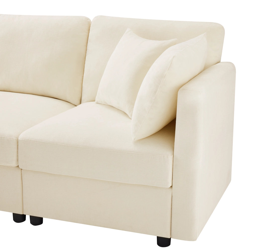 Divano 3 posti in ciniglia beige con pouf e braccioli regolabili