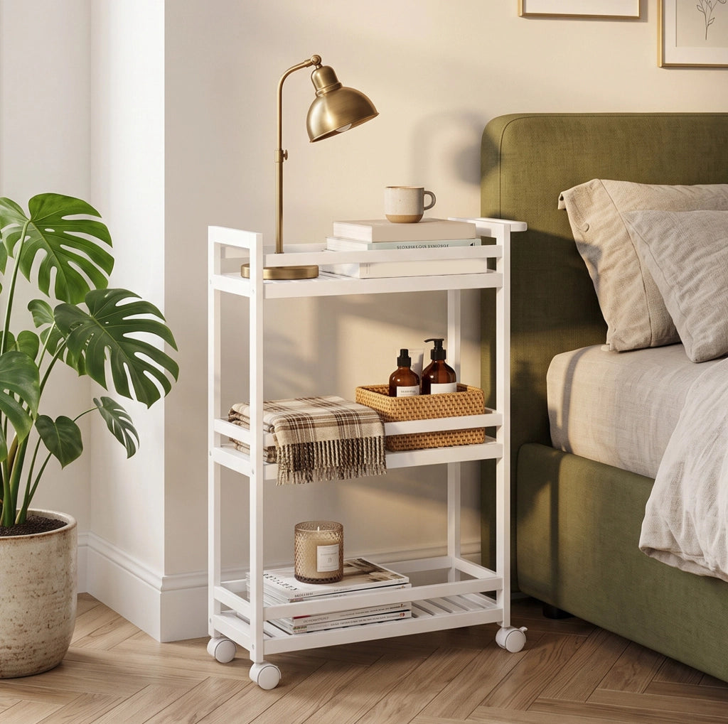 Carrello multiuso in bambù bianco a 3 ripiani con ruote, 55 x 20 x 75 cm