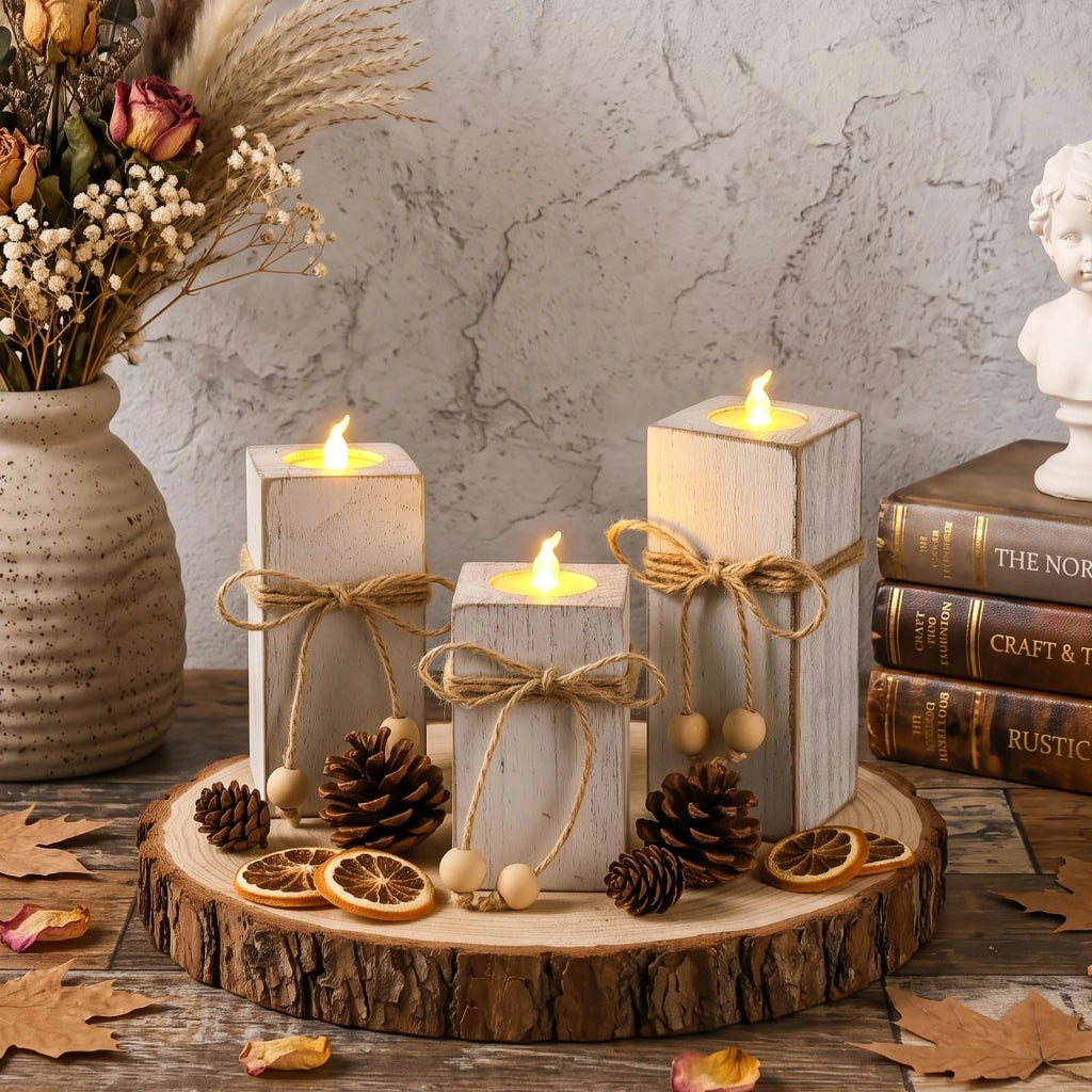 Candele portacandele in legno, set da 3, colore bianco, stile rustico