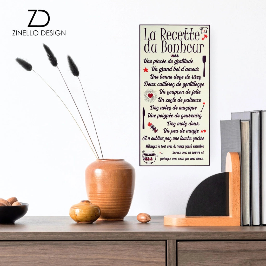 Decorazione da parete "Ricetta della felicità", cornice in legno, 30x15 cm