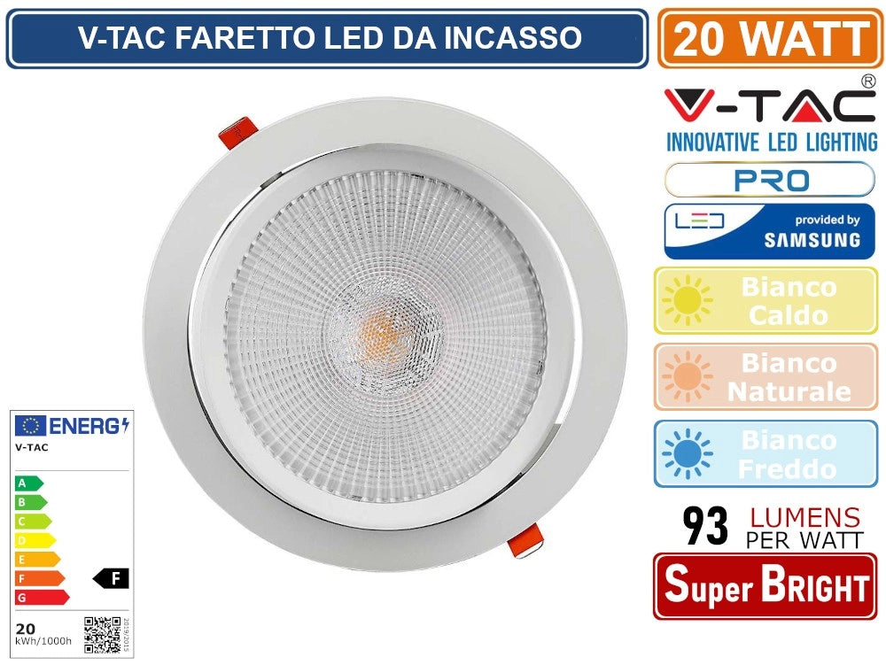 V-TAC PRO VT-2-20 FARETTO LED DA INCASSO ROTONDO 20W COB CHIP SAMSUNG - Colore Luce:Bianco Naturale