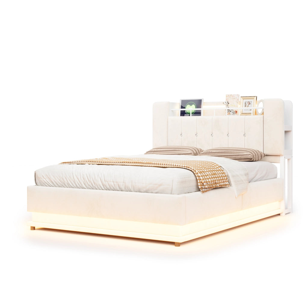 Letto contenitore imbottito 140 x 200 cm beige con LED e USB