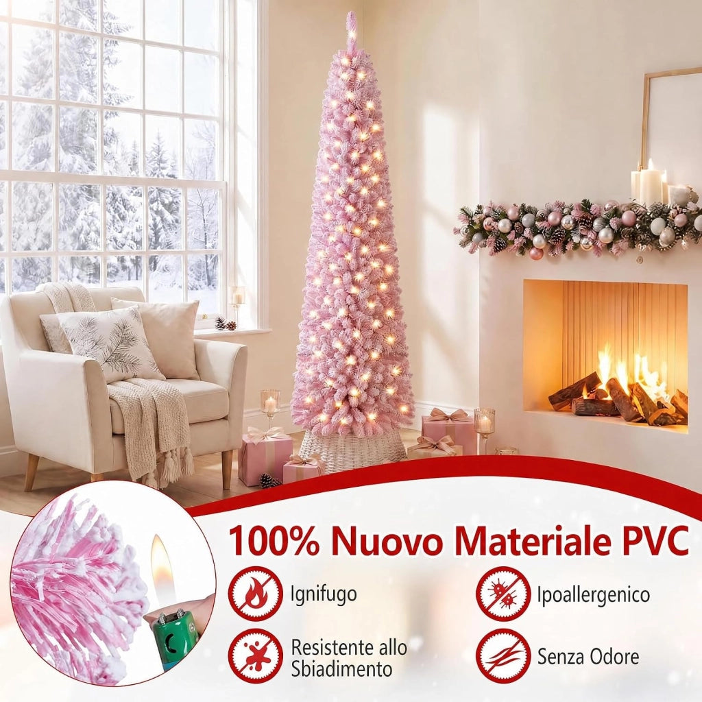 Albero Natale Slim Rosa 210cm con 190 Luci LED