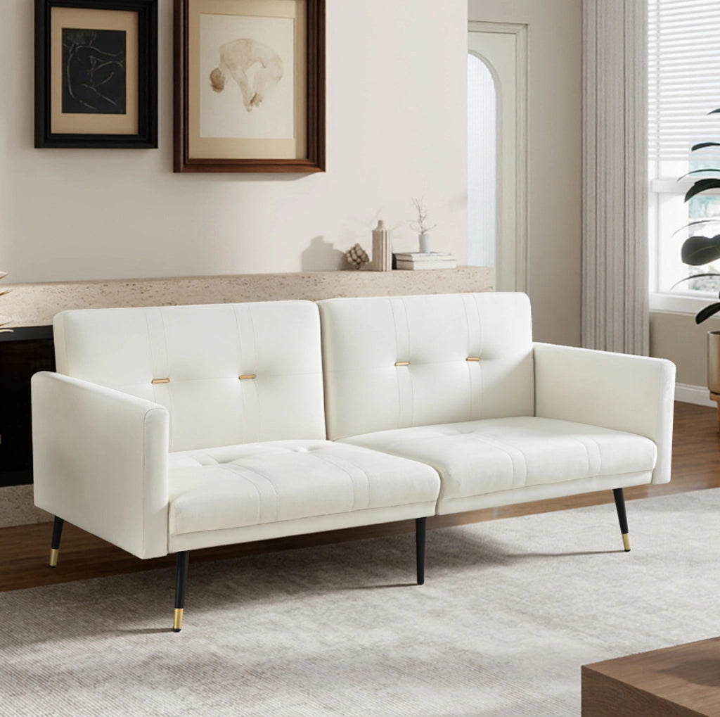Divano letto 2 posti in velluto beige, schienali regolabili