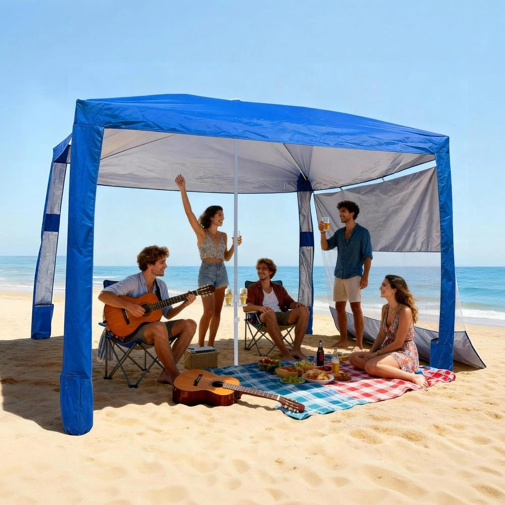Ombrellone Parasole da Spiaggia SZ003 2400 x 2400 x 2400 mm Blu, Portatile con Parete Laterale e Tasche per Sabbia