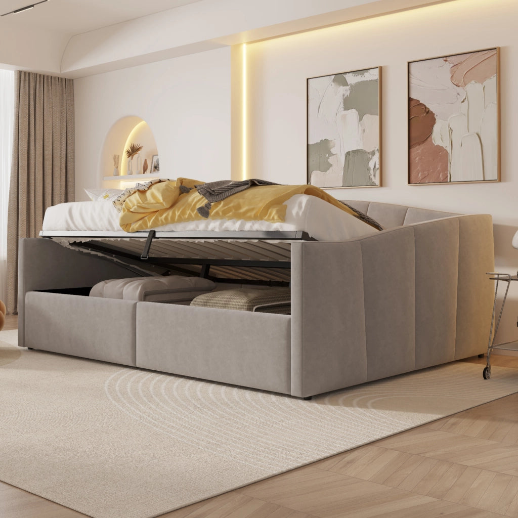 Letto imbottito 140x200 cm con contenitore idraulico e rete a doghe in velluto grigio chiaro