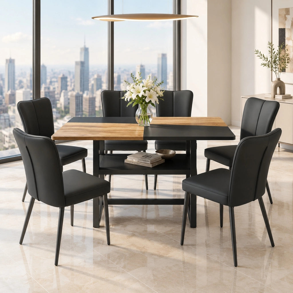 Set tavolo da pranzo IVMEU da 160 cm con ripiano e 4 sedie in similpelle, marrone e nero