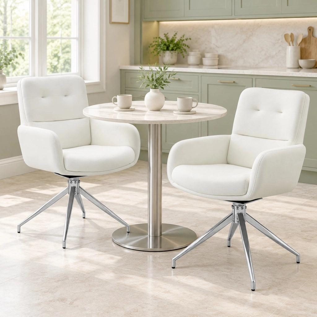 Sedia da pranzo girevole a 360° in PU e metallo; altezza 85 cm; bianca e argento
