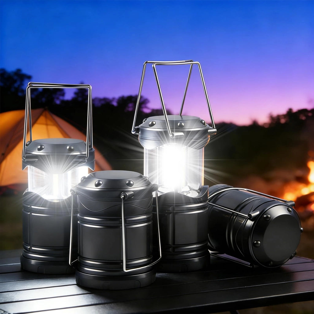 4 pezzi lampade da campeggio LED, apribili, impermeabili, con gancio, portatili, per tenda, escursionismo, pesca, a batteria (AAA, non incluse)