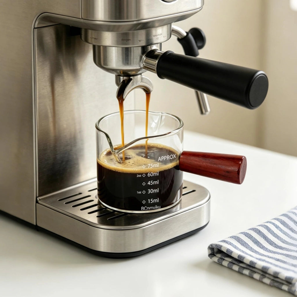 Bicchiere espresso da 75 ml con beccuccio doppio e manico in legno