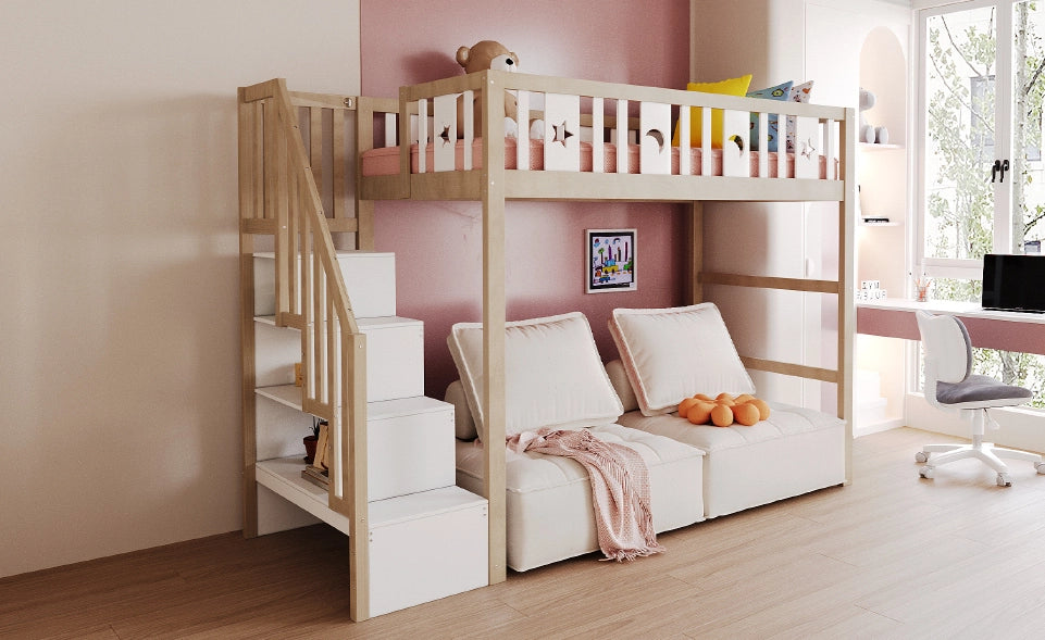 Letti a soppalco per bambini 90x200 cm con scala e rete a doghe in pino bianco e naturale per cameretta, senza materasso