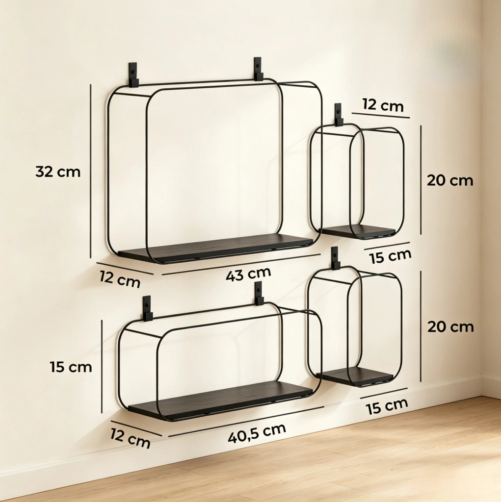 Set di 4 mensole da parete in metallo e MDF nere