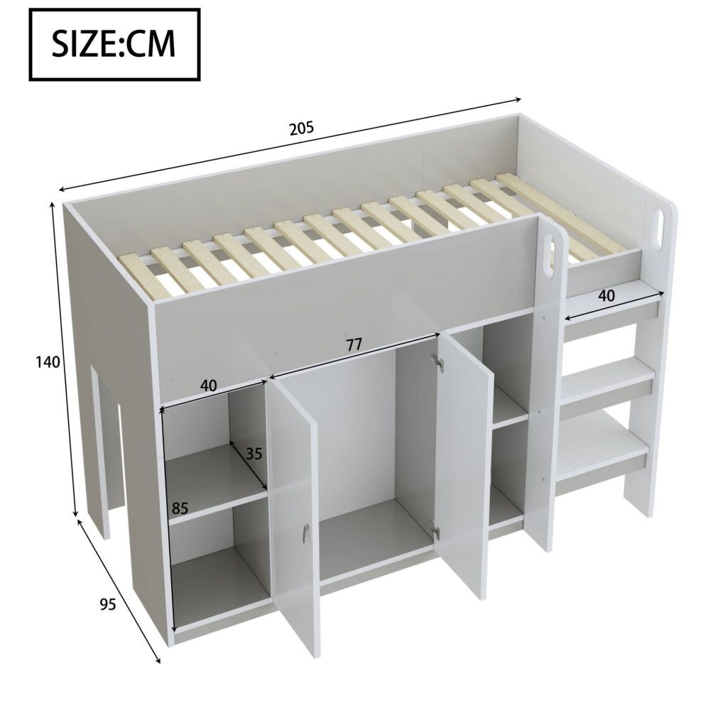 Letti a soppalco per bambini 90x200 cm con scala, armadio e rete a doghe in legno grigio e bianco per cameretta, senza materasso