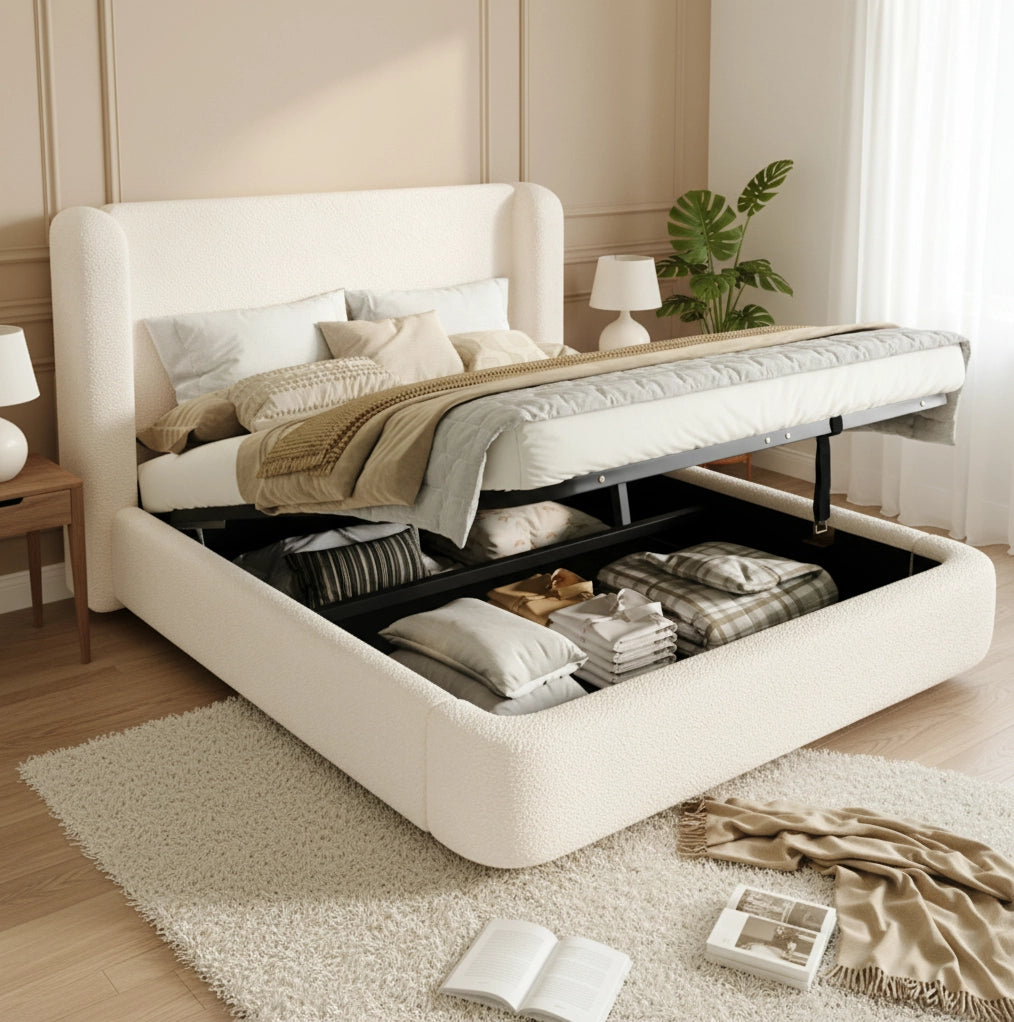 Letto contenitore imbottito in bouclé beige 140 × 200 cm