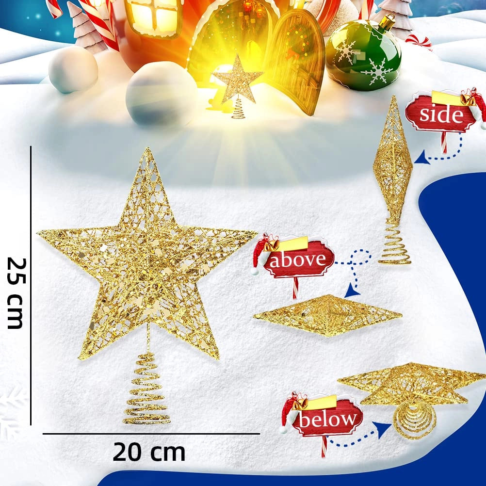 Stella per la cima dell'albero di Natale, dorata, con paillettes