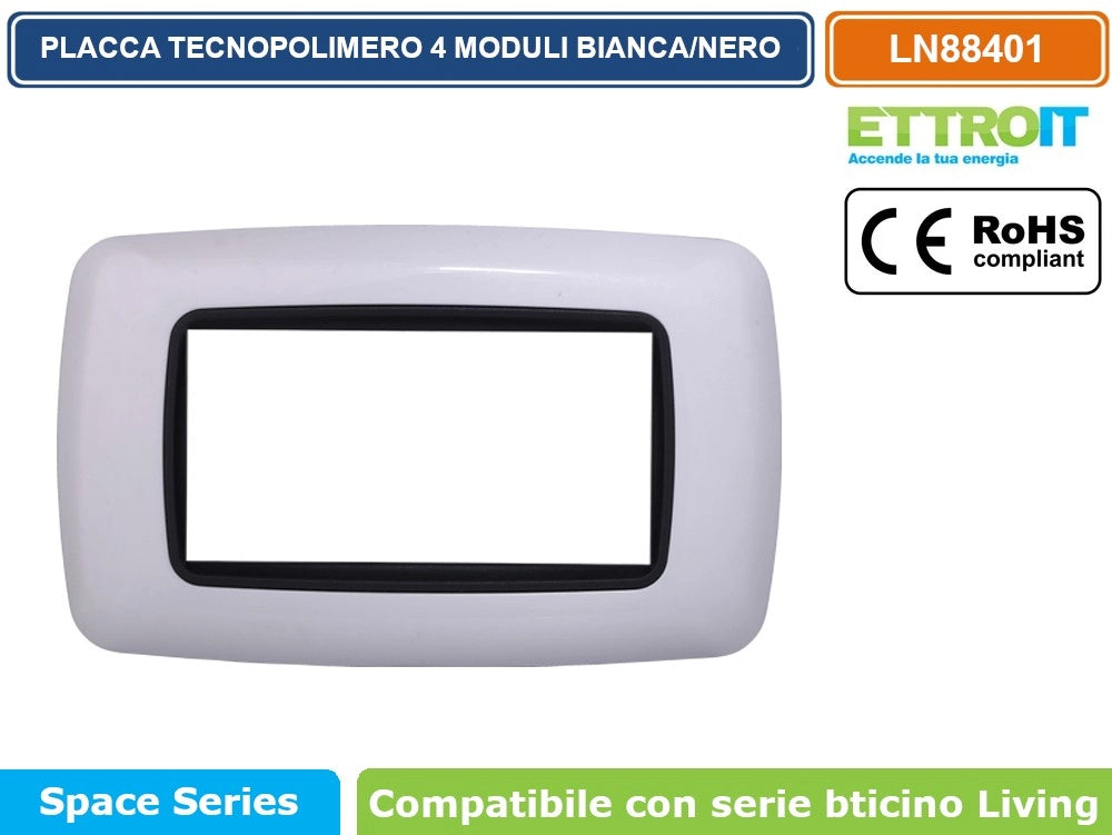 ETTROIT PLACCA IN TECNOPOLIMERO DI COLORE BIANCA CON BORDO NERO COMPATIBILE CON SERIE BTICINO LIVING - Numero Moduli:4 Moduli