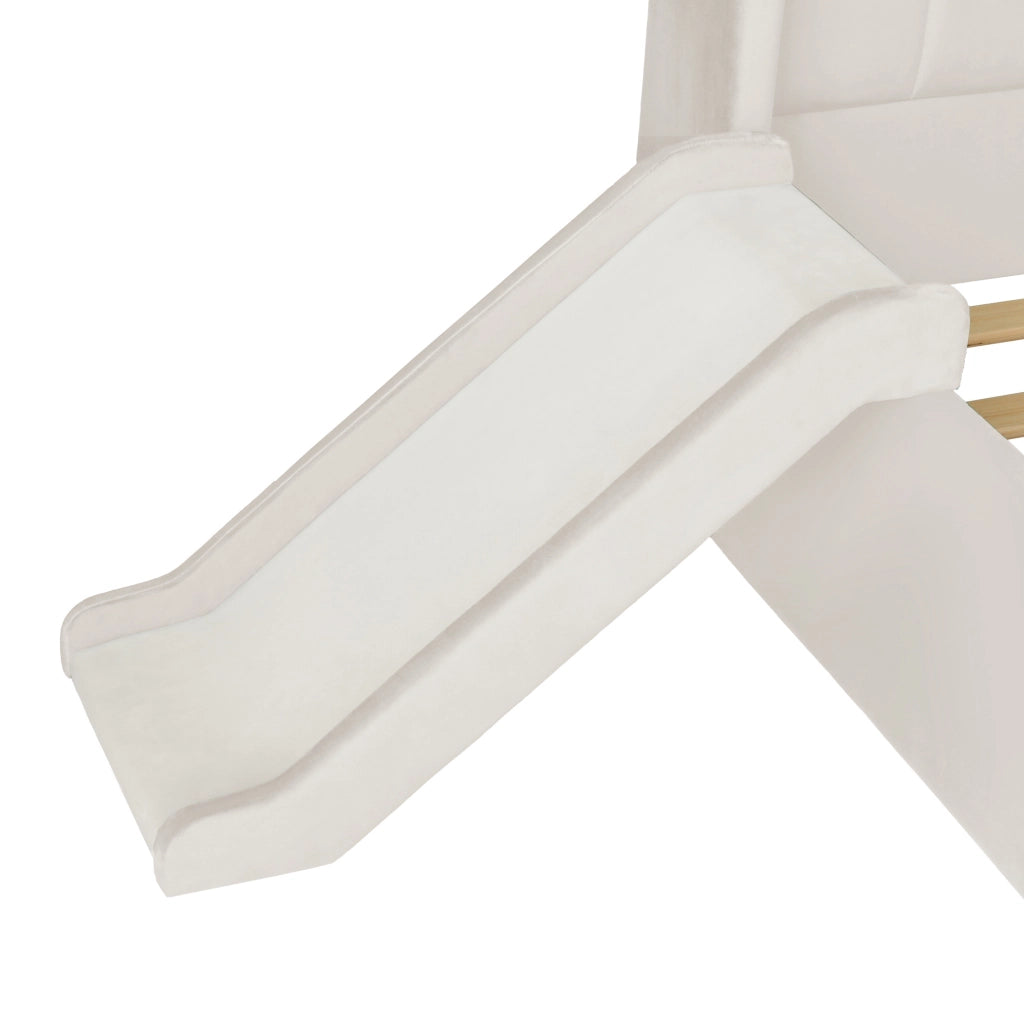 Letto per bambini imbottito beige 90 x 200 cm con scivolo e contenitore