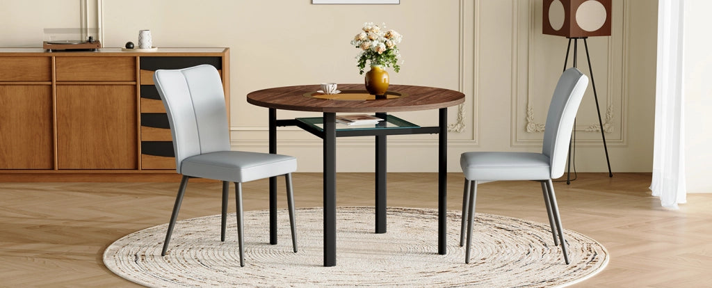 Set da pranzo moderno con tavolo rotondo da 100 cm e 2 sedie in PU grigio chiaro