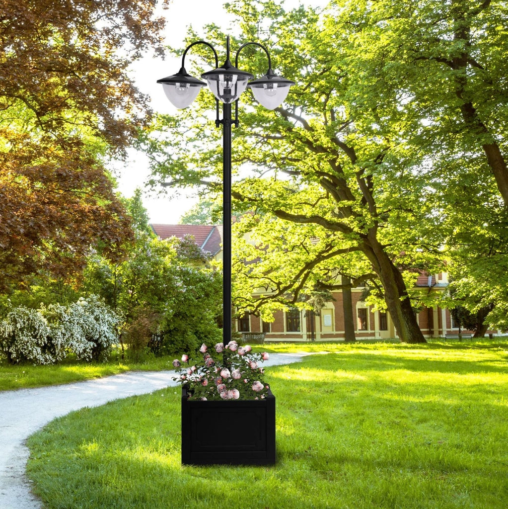 Lampada solare da giardino ULEVR 60x55x189 cm con 3 paralumi, base utilizzabile come fioriera e luminosit¨¤ regolabile, nera