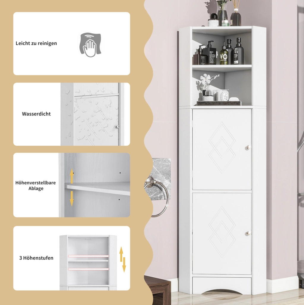 Mobile Angolare per Bagno con 2 Ripiani e Ripiano Regolabile, Bianco, 36,5 x 36,5 x 155 cm