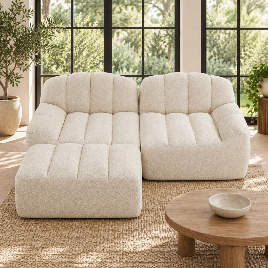 DIVANO modulare angolare 2 posti con pouf 210x165x79 cm beige e bianco