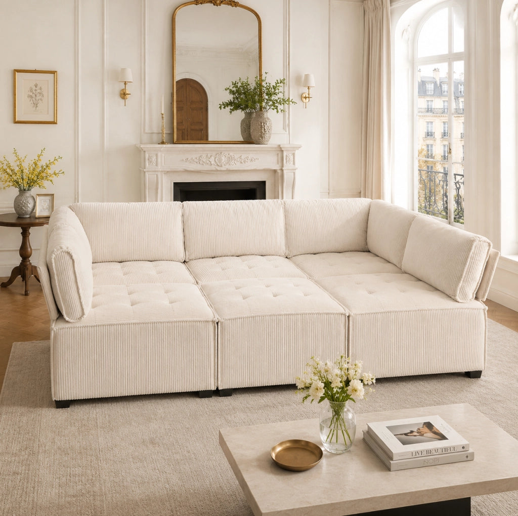 Divano modulare a 6 posti in velluto a coste beige