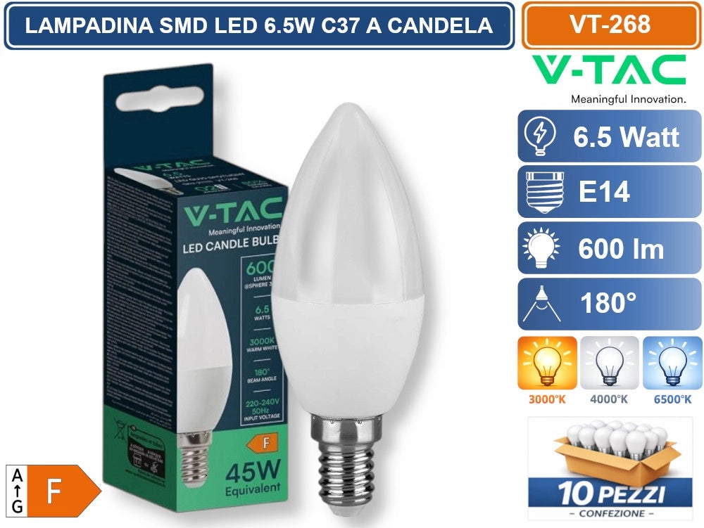 10 PEZZI V-TAC VT-268 LAMPADINA SMD LED E14 6.5W CANDELA C37 - Colore Luce:Bianco Freddo
