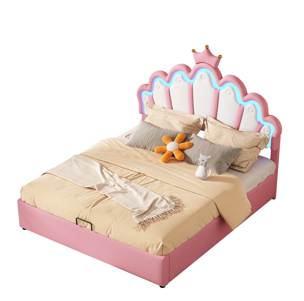 Letto contenitore imbottito 140 x 200 cm rosa con LED e corona