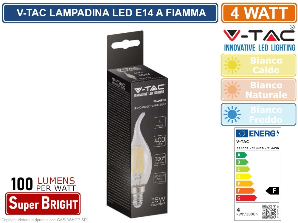 10 PEZZI V-TAC VT-1997 LAMPADINA LED E14 4W CANDLE FLAME BULB C35 CANDELA FIAMMA FILAMENT VETRO - Colore Luce:Bianco Naturale