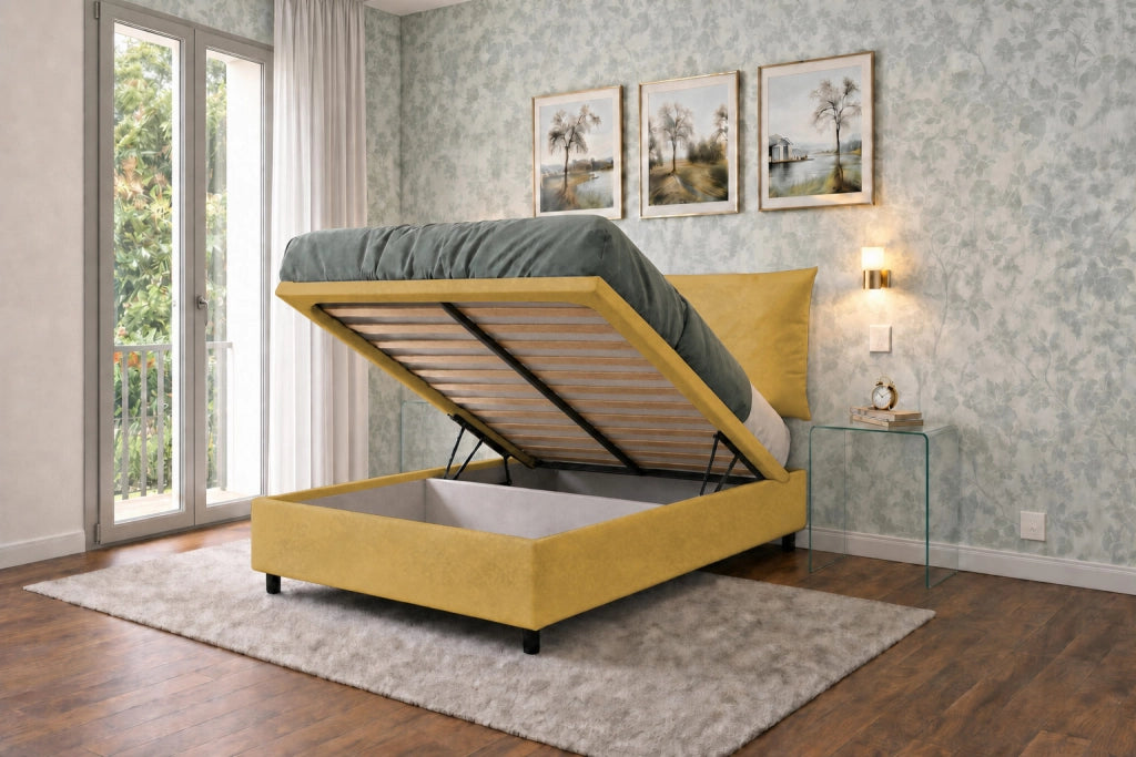 Letto 1 Piazza e Mezza Contenitore Imbottito 120x200 cm Microfibra Ocra Boxmax Testata Soft