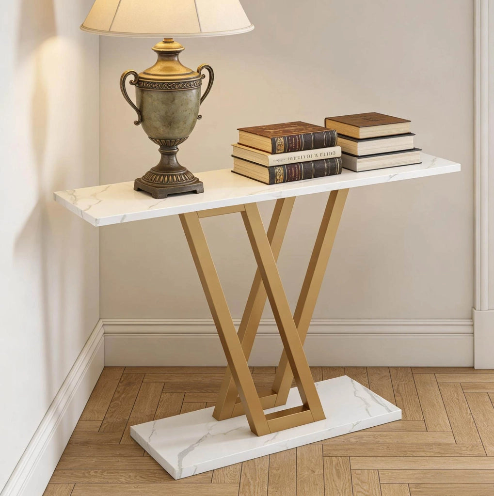 Consolle ingresso 110 x 30 x 80 cm in MDF bianco e metallo dorato