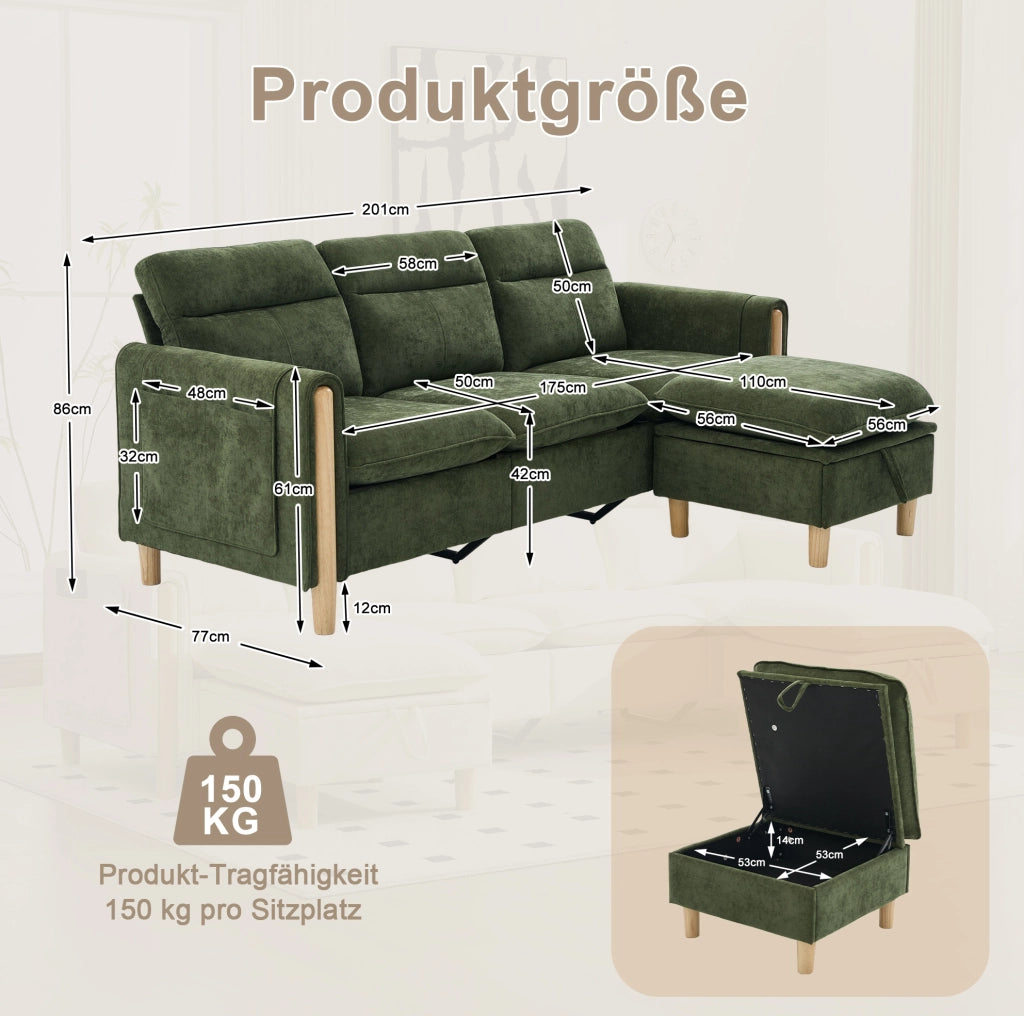 Divano a 3 posti in ciniglia verde con pouf contenitore e tasche laterali