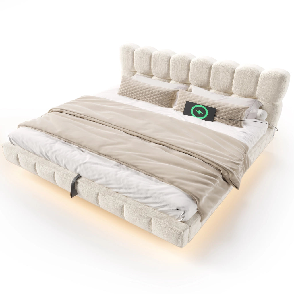 Letto Contenitore 180 x 200 cm, Letto Matrimoniale - LED, USB e Type-C - Chenille Beige
