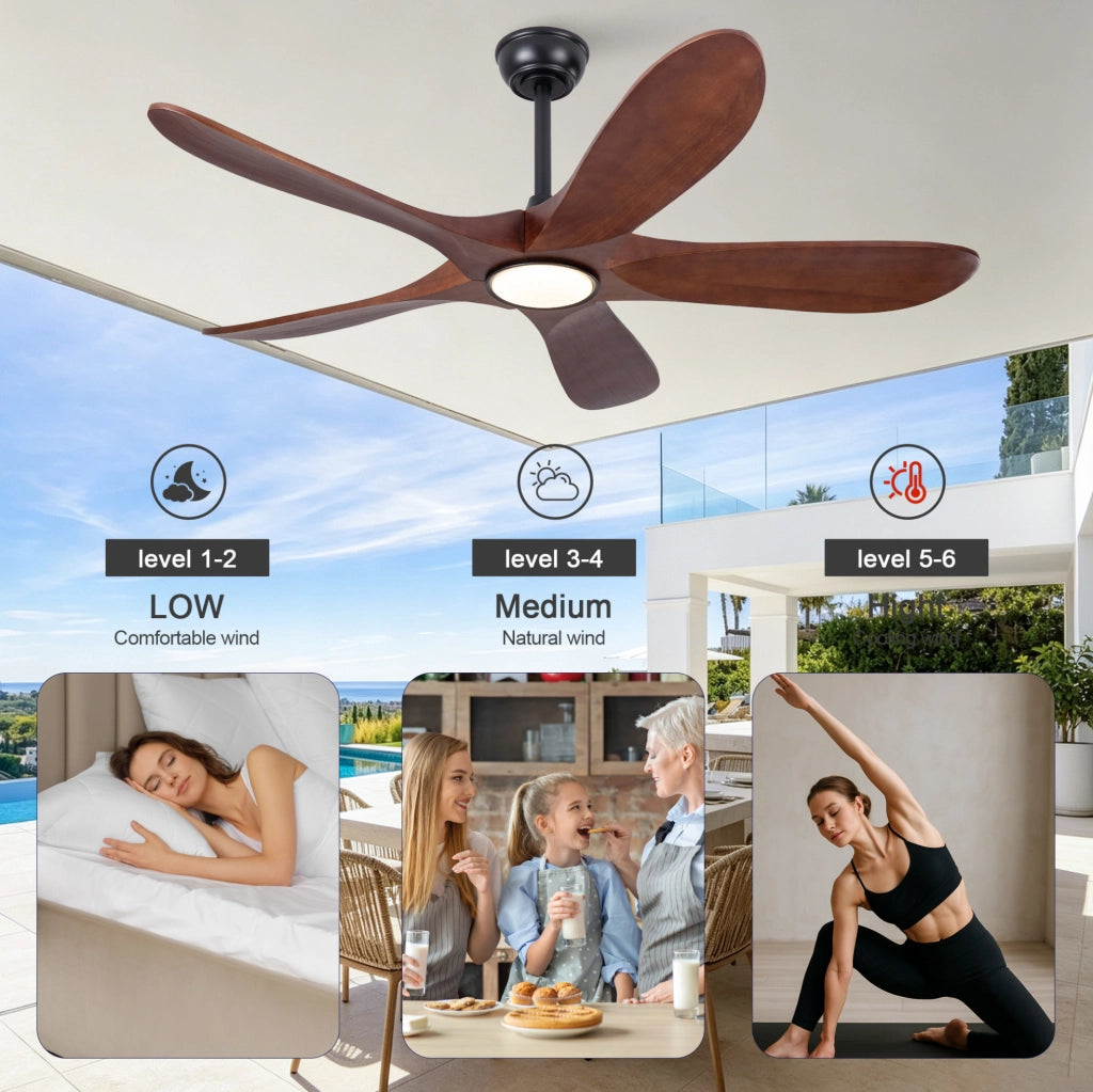 Ventilatore da soffitto con luce e telecomando in legno massello