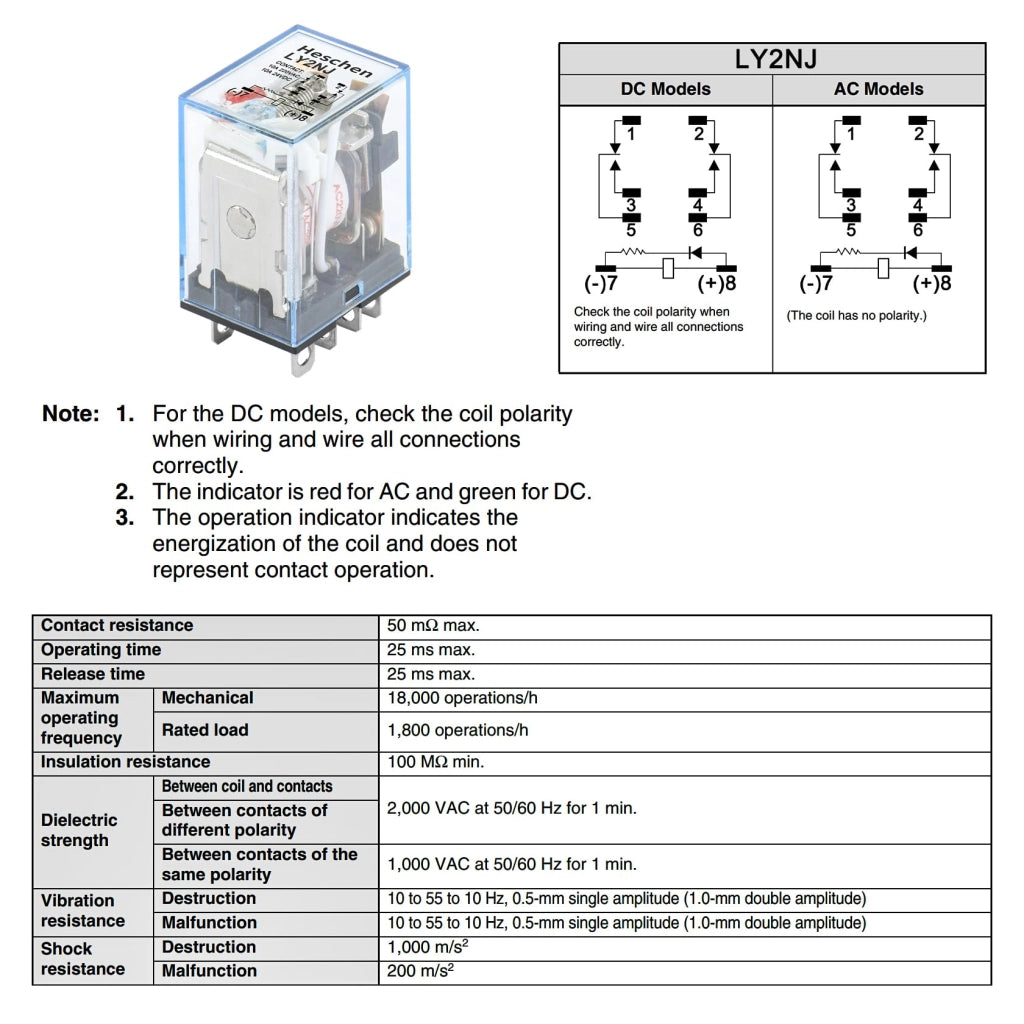 Relè LY2NJ, 220 VAC, DPDT, 10 A, con LED e base