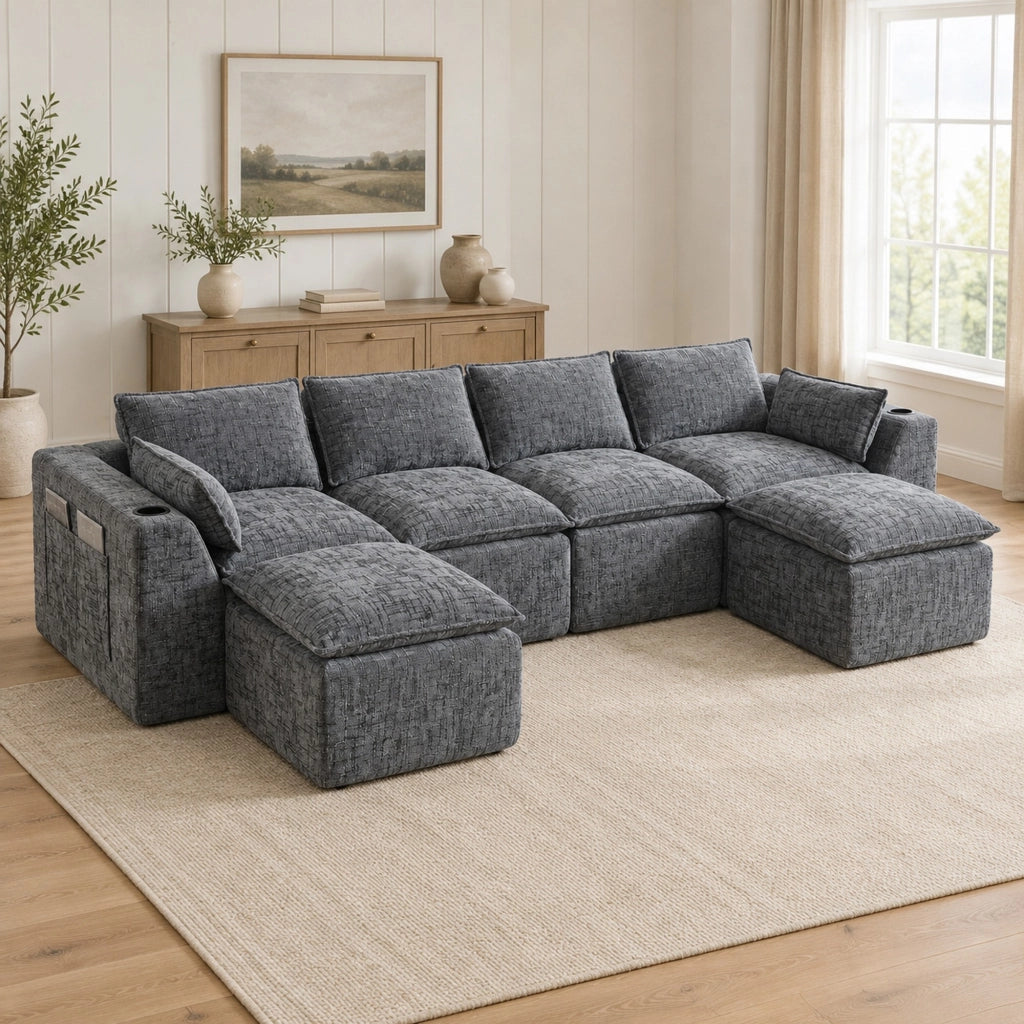 Divano modulare 4 posti in ciniglia grigio scuro con pouf e cuscini