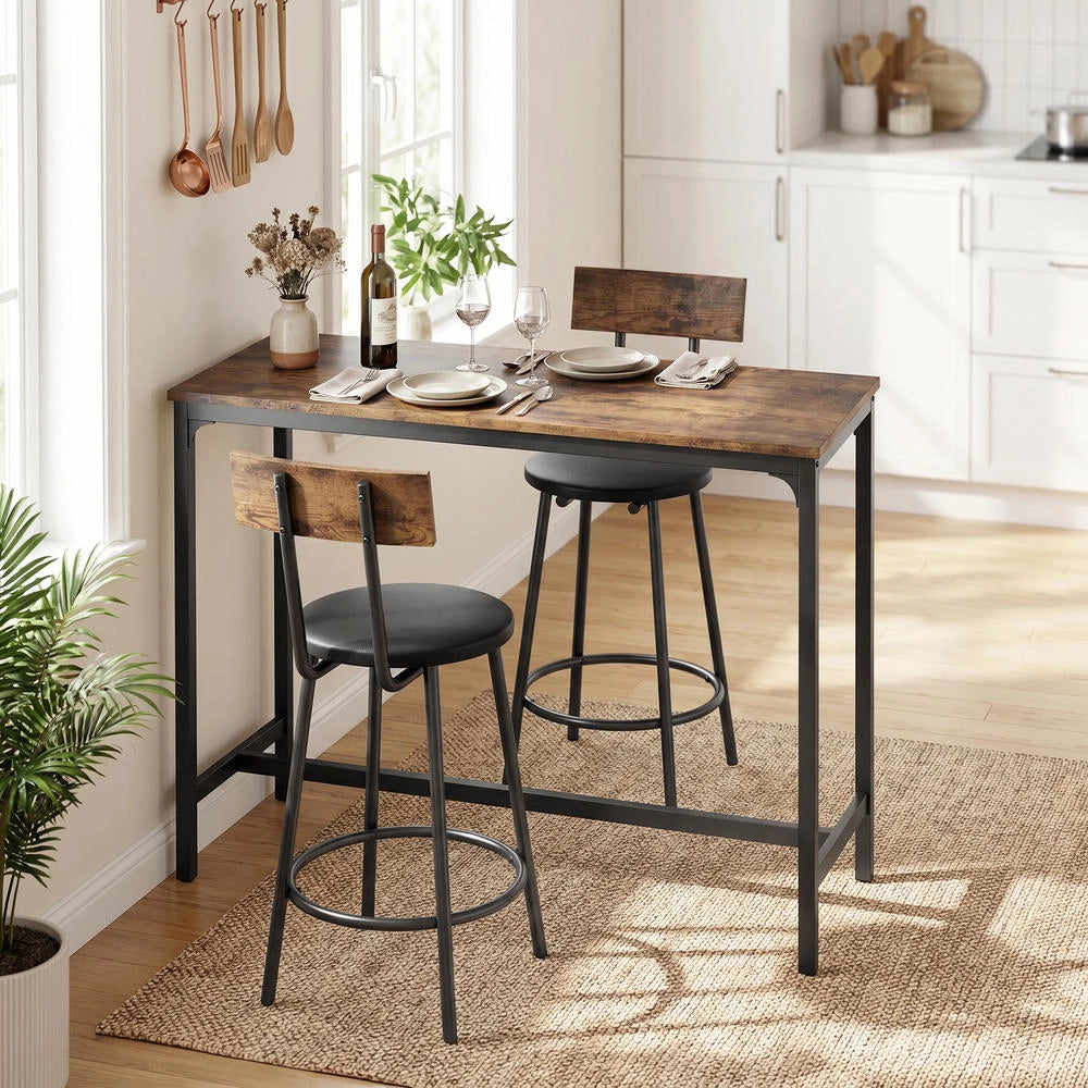 Set Tavolo da Bar con 2 Sgabelli Imbottiti in PU, Tavolo Alto Cucina Salvaspazio con Poggiapiedi, Design Moderno per Casa, Marrone
