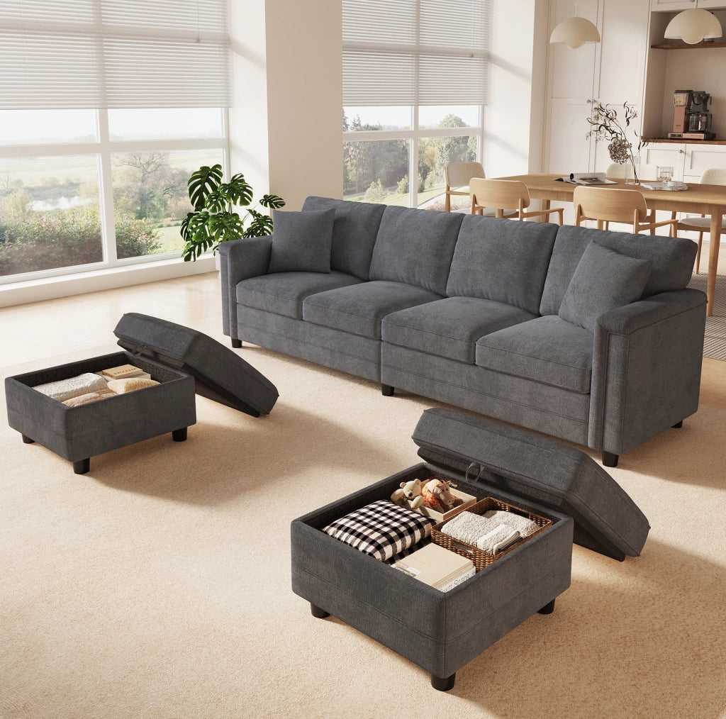 Divano modulare in ciniglia grigio con due pouf contenitore