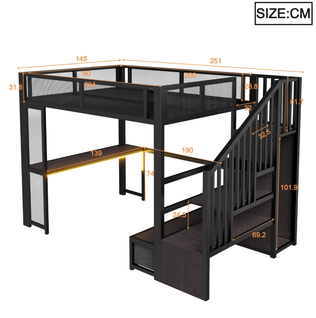 Letto a soppalco 140x200 cm nero con scrivania, LED e cassetti