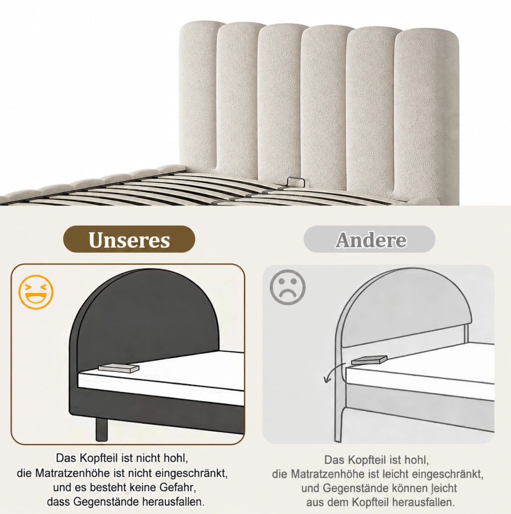 Letto imbottito 140 x 200 cm con contenitore in bouclé bianco