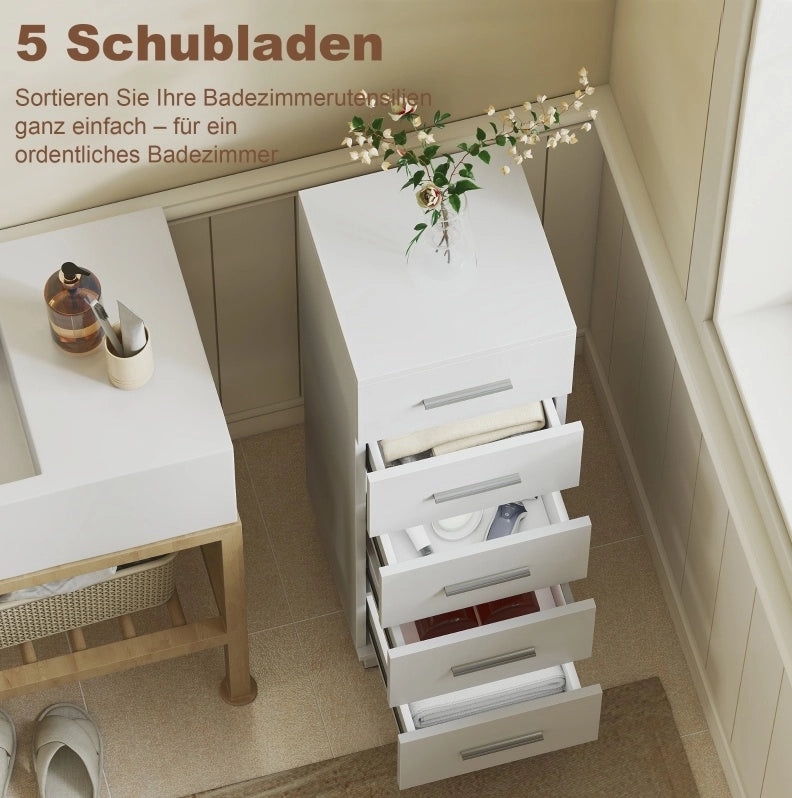 Mobile bagno bianco compatto con 5 cassetti, 30 x 30 x 95 cm