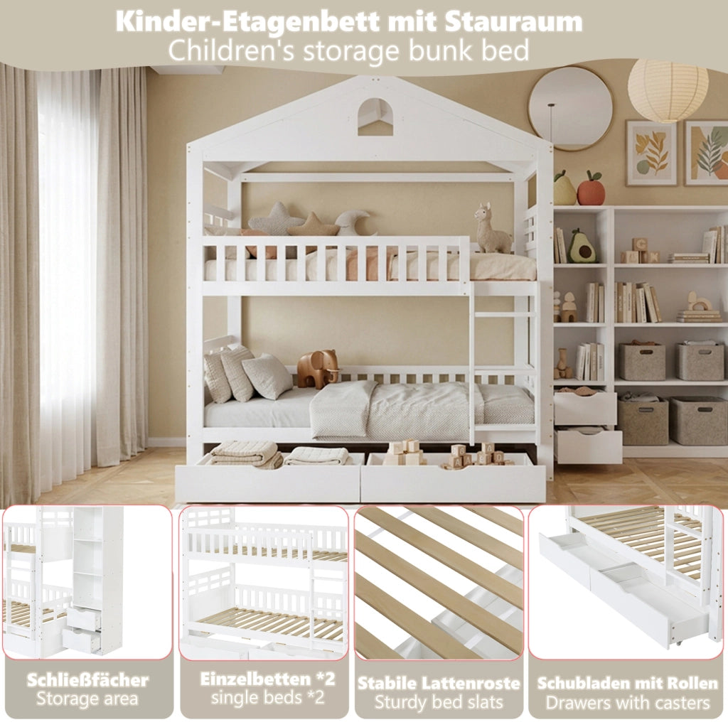 Letto a castello a casetta 90x200 cm bianco con cassetti