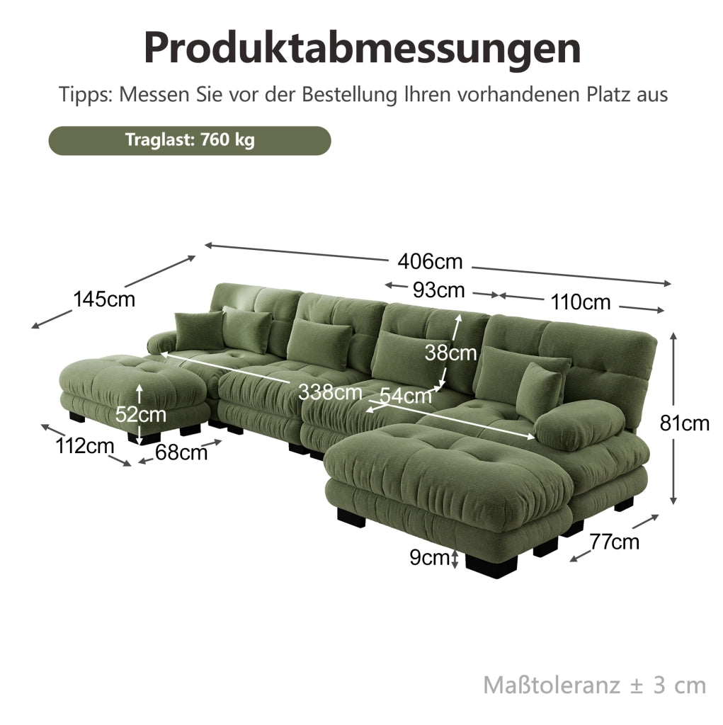 DIVANO Modulare 406x145x81 cm in Ciniglia Verde con Pouf Mobili