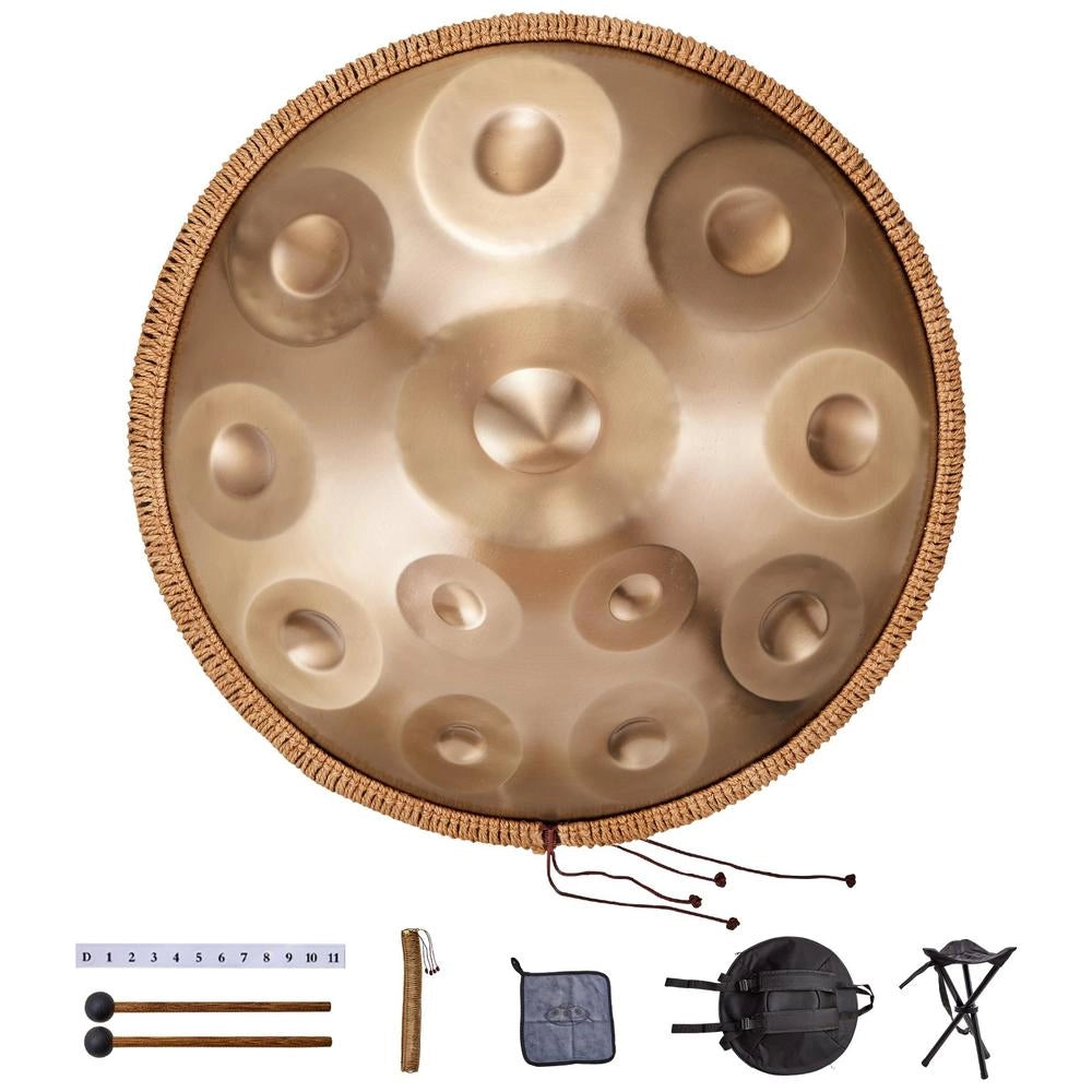 Tamburo Handpan in Acciaio 55,88 cm 12 Note Re Minore 440Hz Dorato con Supporto Mazze e Borsa da Trasporto per Principianti