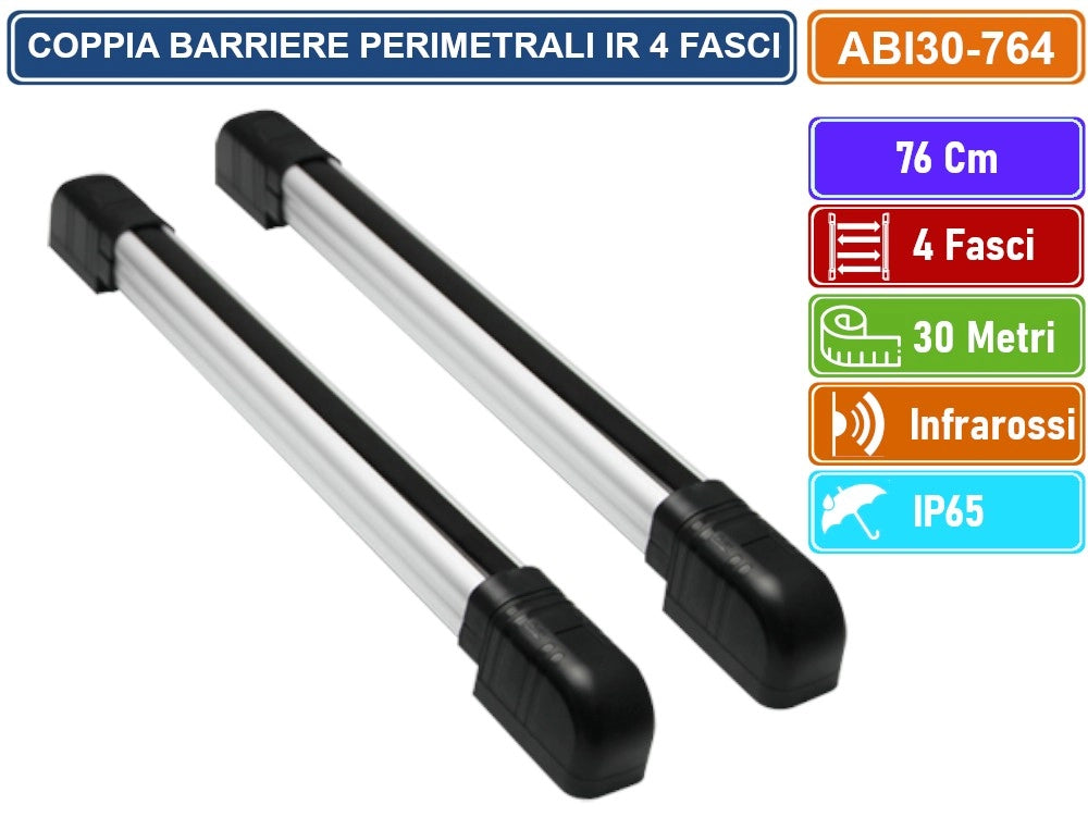 COPPIA BARRIERE PERIMETRALI CABLATE AD INFRAROSSI 76CM 4 FASCI DISTANZA RILEVAMENTO 30 METRI DA ESTERNO IP65